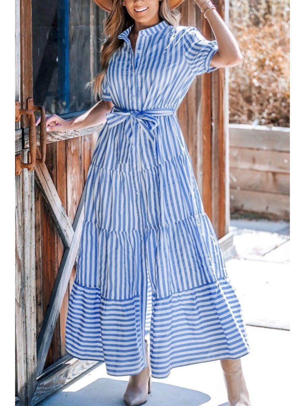 NWT Cupshe Blue Striped Puff Sleeve Front Button Maxi Dress - Size: Small